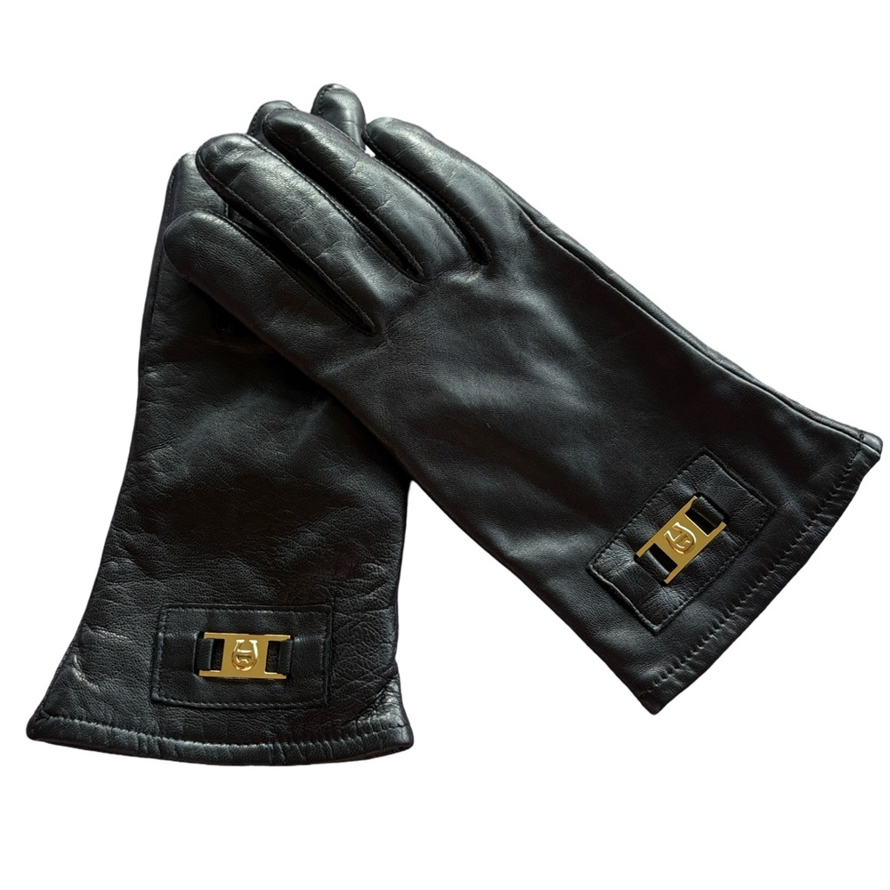 Etienne Aigner Black Leather Gloves with Gold Hardware
